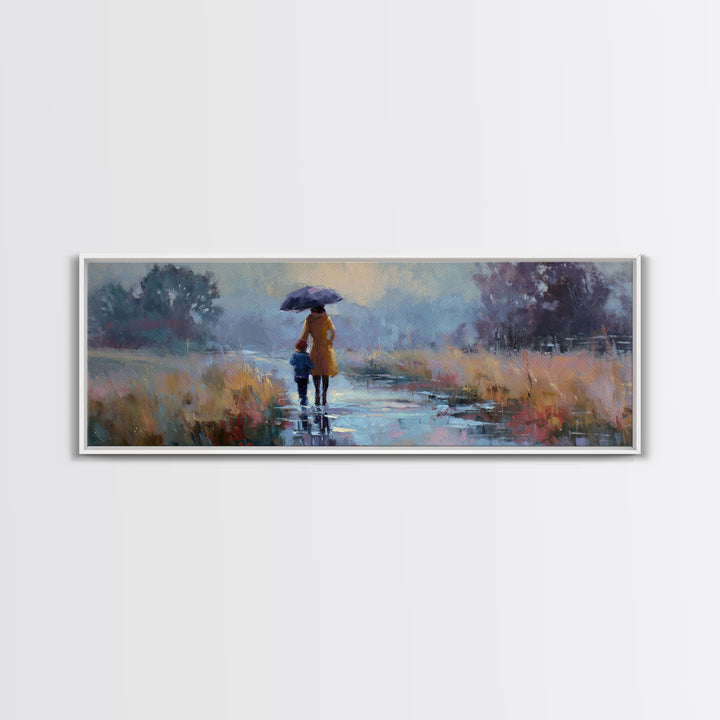 Mother And Child Walking In Rain With Blue Umbrella Framed Canvas Print, Moody Landscape Wall Art, Office Decor, Housewarming Gift