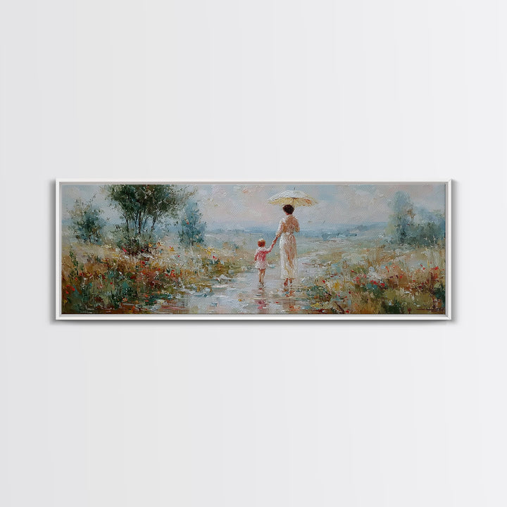Mother And Child Strolling With Parasol In Misty Meadow Canvas Print, Impressionist Wall Art, Nursery Decor, Housewarming Gift