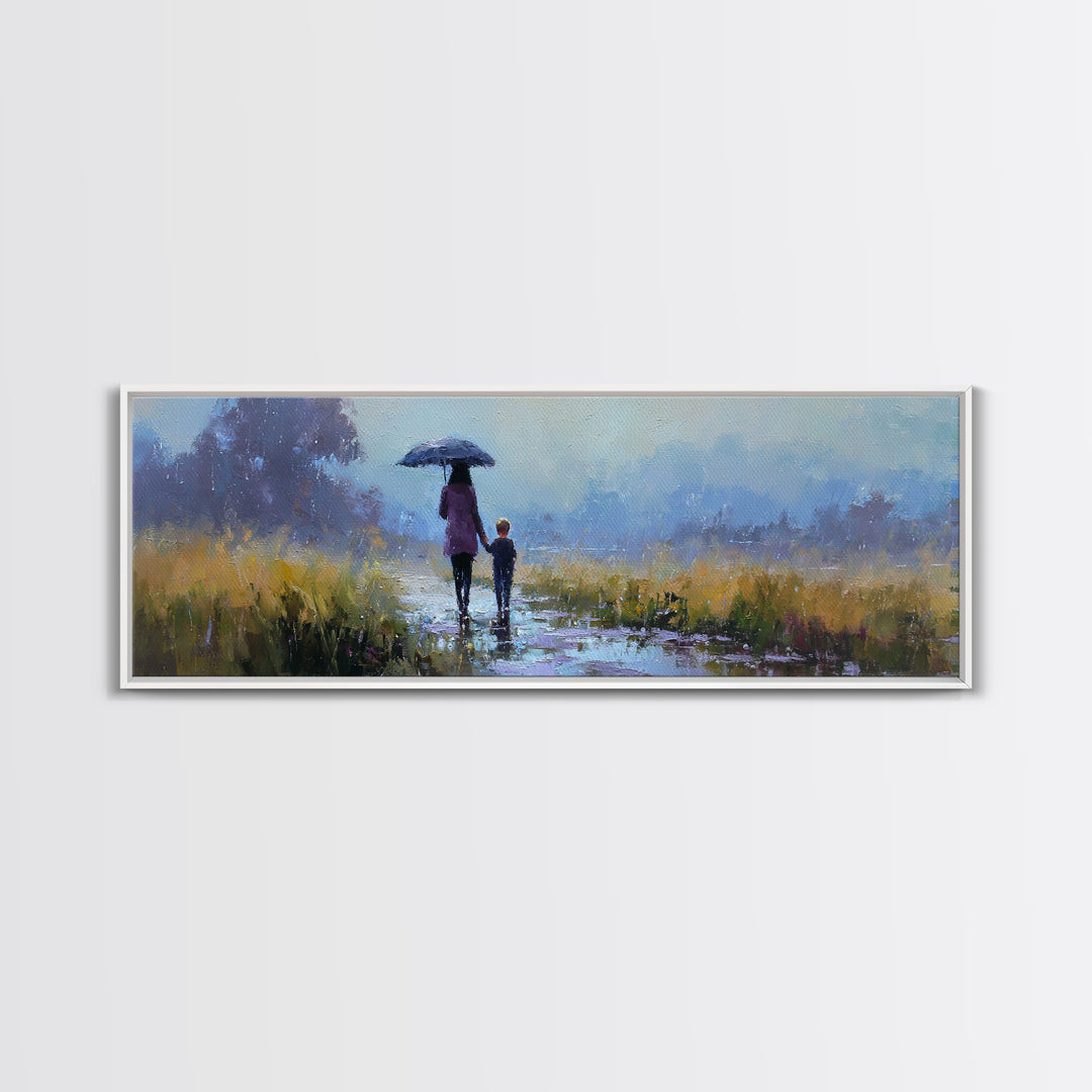 Mother And Son Under Blue Umbrella On Rainy Path Framed Canvas Print, Moody Landscape Wall Art, Bedroom Decor, Gift For Her