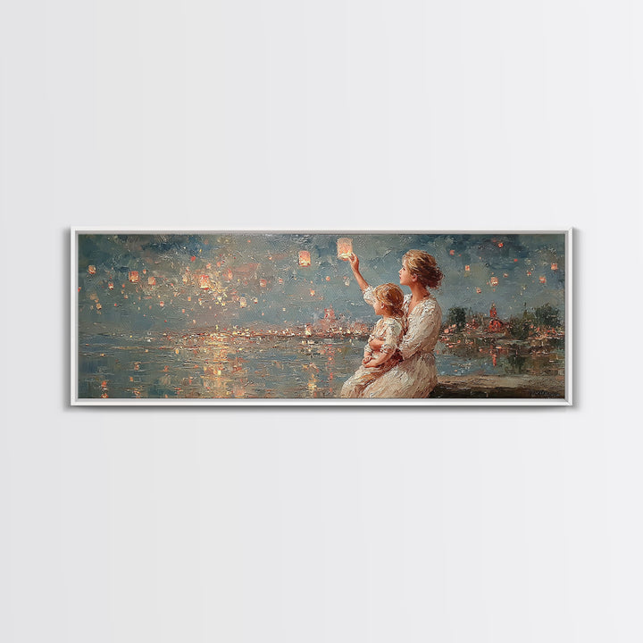 Mother And Baby Lantern Festival Framed Canvas Print, Coastal Wall Art, Romantic Decor, Nursery Art, Housewarming Gift For Her