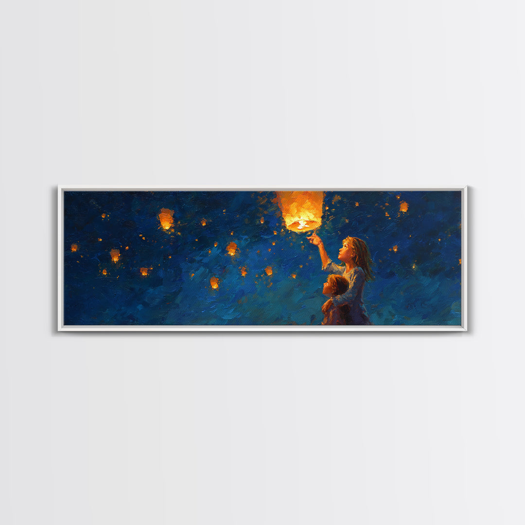 Children Lifting Glowing Sky Lantern Canvas Print, Celestial Wall Art, Kids Room Decor, Whimsical Decor, Nursery Art, Gift For Kids