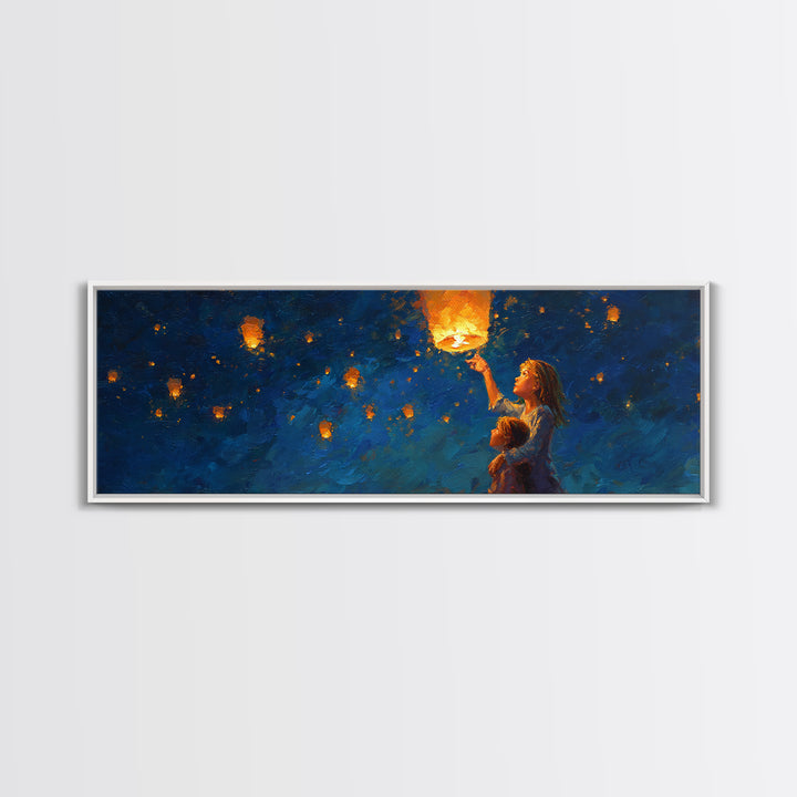 Children Lifting Glowing Sky Lantern Canvas Print, Celestial Wall Art, Kids Room Decor, Whimsical Decor, Nursery Art, Gift For Kids