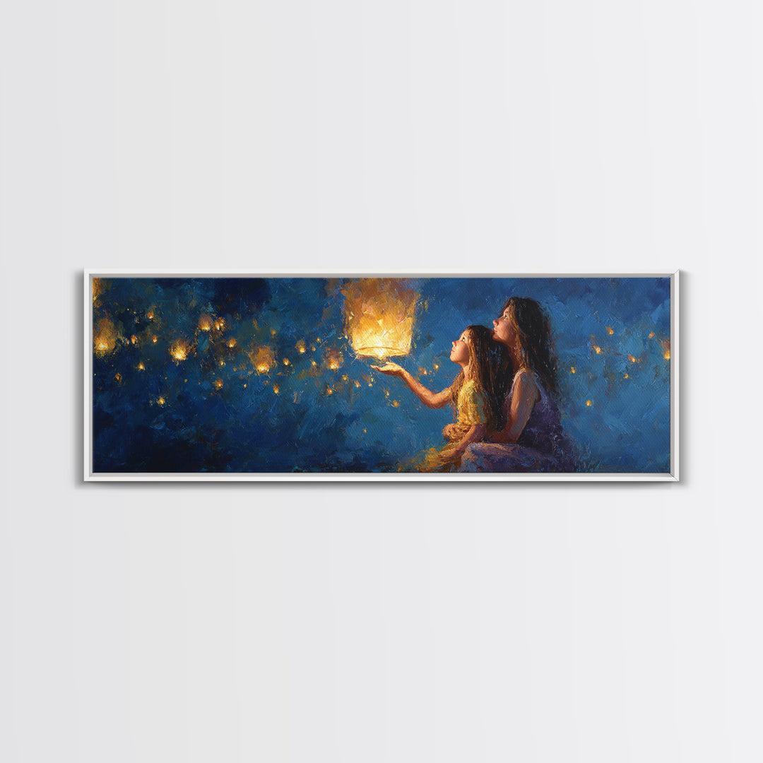 Sisters Holding Lantern Under Blue Night Wall Art, Celestial Canvas Print, Whimsical Decor, Bedroom Wall Art, Gift For Her