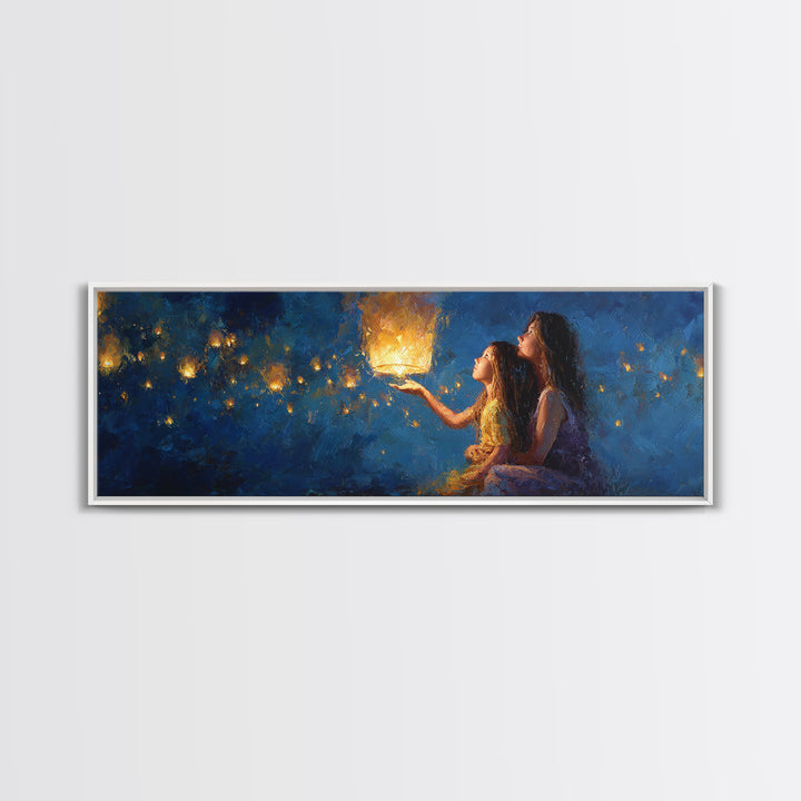 Sisters Holding Lantern Under Blue Night Wall Art, Celestial Canvas Print, Whimsical Decor, Bedroom Wall Art, Gift For Her