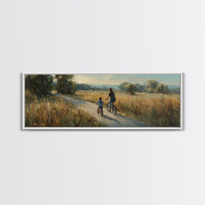 Mother And Child Biking Golden Meadow Canvas Print, Country Landscape Wall Decor, Housewarming Gift, Farmhouse Home Decor