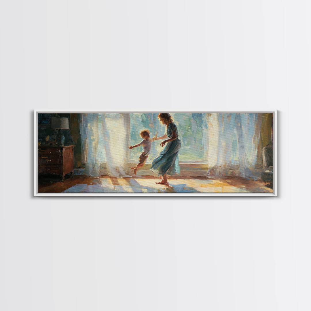 Mother And Child Dancing In Sunlit Room Canvas Print, Warm Window Light, Family Wall Decor, Bedroom Art, Gift For Her, Home Decor