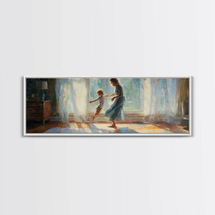 Mother And Child Dancing In Sunlit Room Canvas Print, Warm Window Light, Family Wall Decor, Bedroom Art, Gift For Her, Home Decor