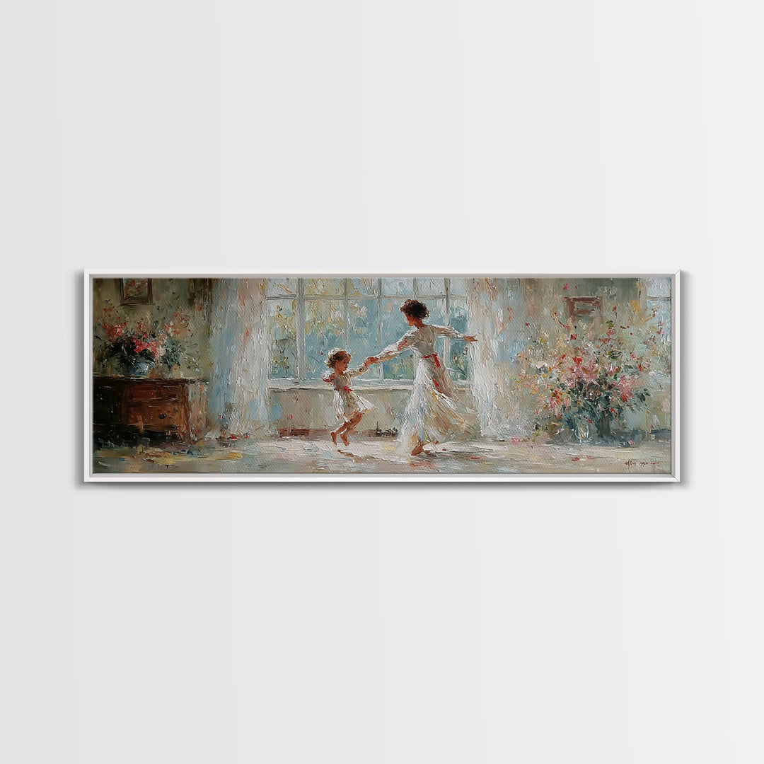 Mother And Daughter Dancing In White Dress Wall Art, Floral Window Interior, Feminine Wall Decor, Fine Art Print, Bedroom Decor