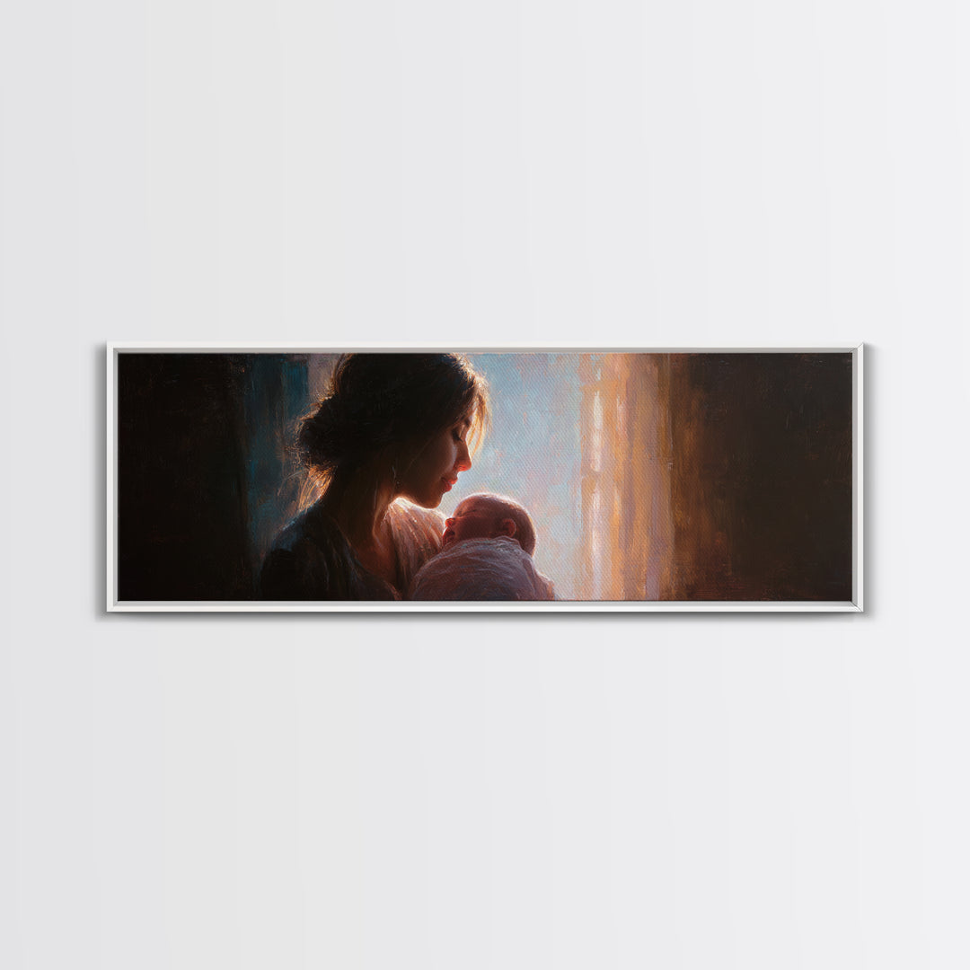 Mother Holding Newborn By Window Wall Art, Tender Motherhood Canvas Print, Baby Nursery Decor, Gift For Mom, Fine Art Print