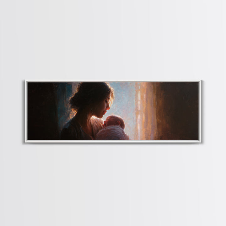 Mother Holding Newborn By Window Wall Art, Tender Motherhood Canvas Print, Baby Nursery Decor, Gift For Mom, Fine Art Print