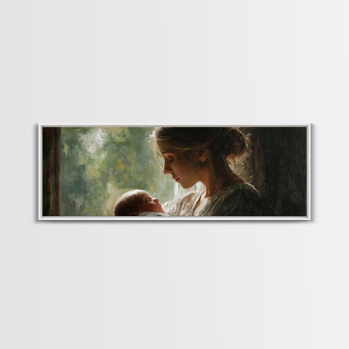 Mother Gazing At Newborn Near Window Framed Canvas Print, Soft Motherhood Wall Art, Baby Nursery Decor, Gift For Mom, Fine Art Print