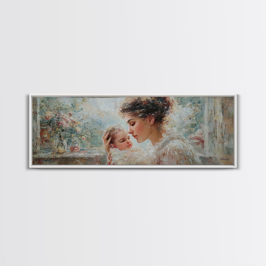 Mother Cuddling Sleeping Baby Near Window Wall Art, Impressionist Motherhood Canvas Print, Floral Nursery Decor, Gift For Mom