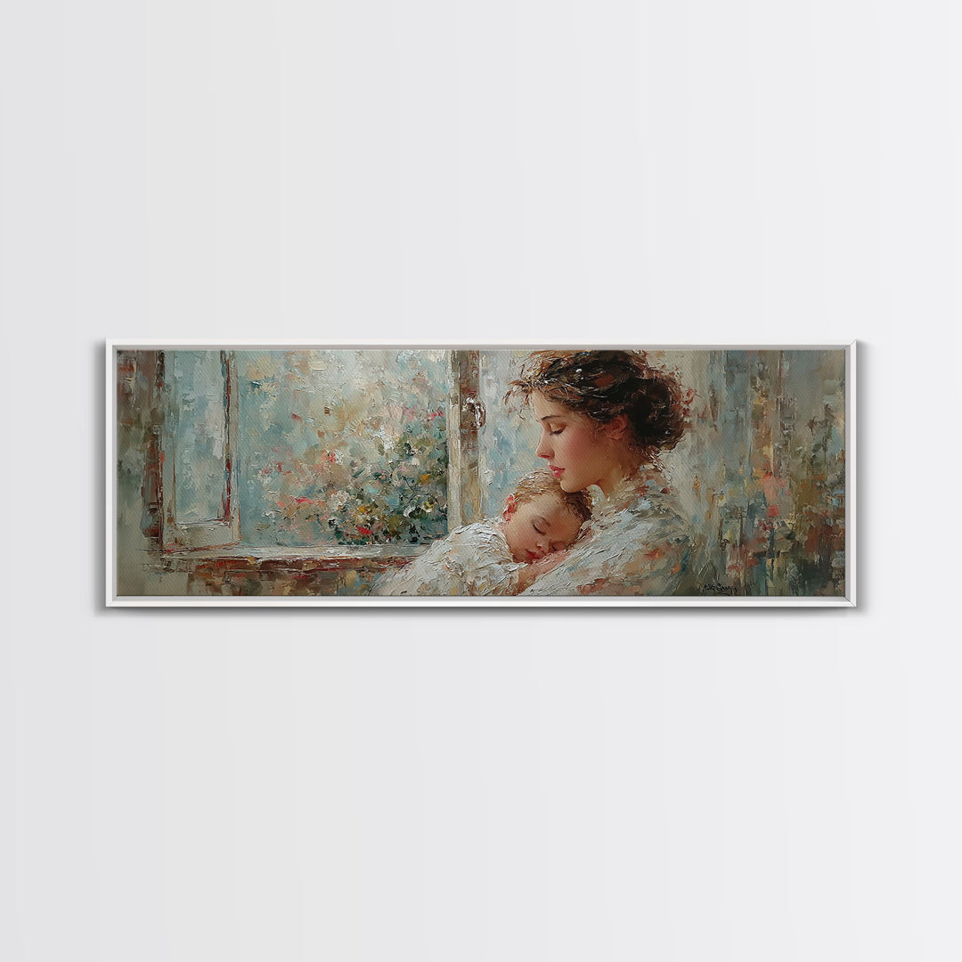Mother Holding Sleeping Baby By Floral Window Framed Canvas Print, Tender Nursery Wall Art, Motherhood Decor, Gift For Mom