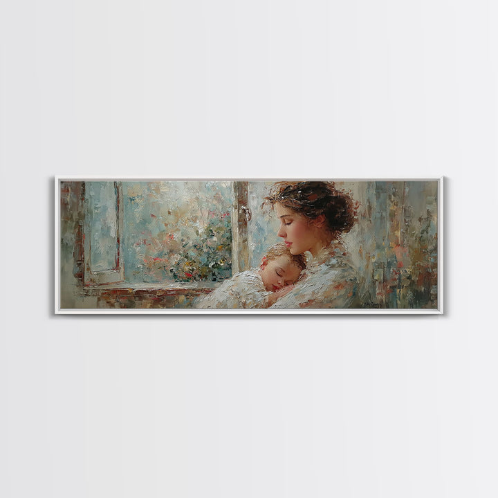 Mother Holding Sleeping Baby By Floral Window Framed Canvas Print, Tender Nursery Wall Art, Motherhood Decor, Gift For Mom