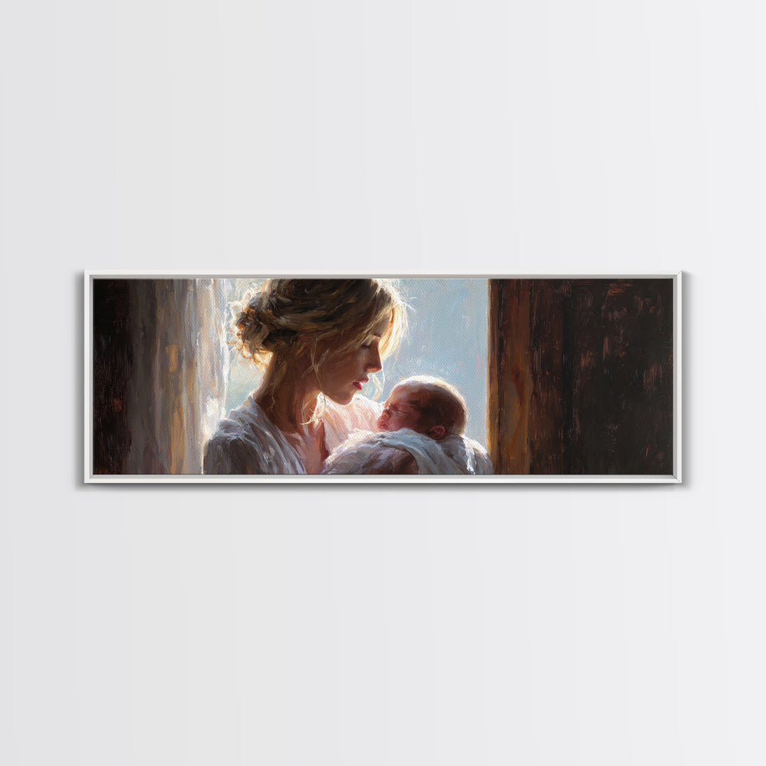 Mother Cradling Newborn In Golden Window Light Wall Art, Tender Motherhood Canvas Print, Baby Nursery Decor, Gift For Mom
