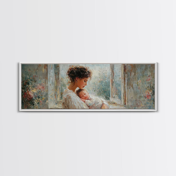 Mother And Sleeping Baby In Floral Window Canvas Print, Soft Motherhood Wall Art, Nursery Decor, Gift For Mom, Fine Art Print