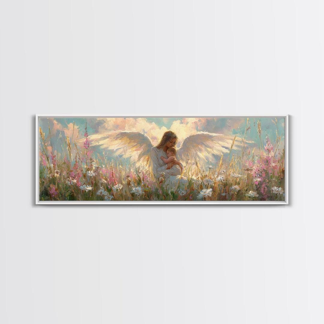 Angel Mother And Child In Wildflower Meadow Wall Art, Christian Nursery Decor, Feminine Spiritual Gift For Her, Living Room Decor