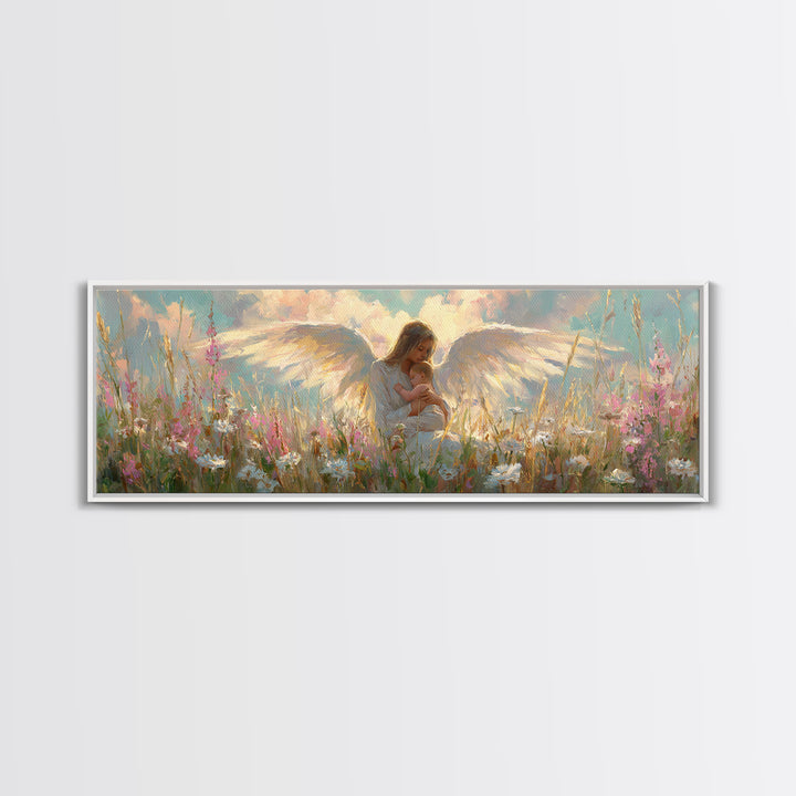 Angel Mother And Child In Wildflower Meadow Wall Art, Christian Nursery Decor, Feminine Spiritual Gift For Her, Living Room Decor