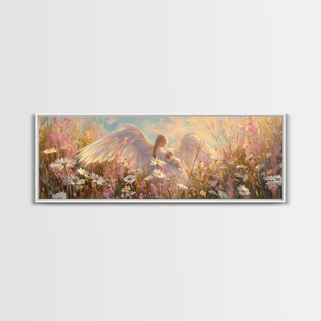 Guardian Angel Cradling Baby In Daisy Field Canvas Print, Christian Nursery Wall Art, Feminine Spiritual Home Decor, Gift For Her