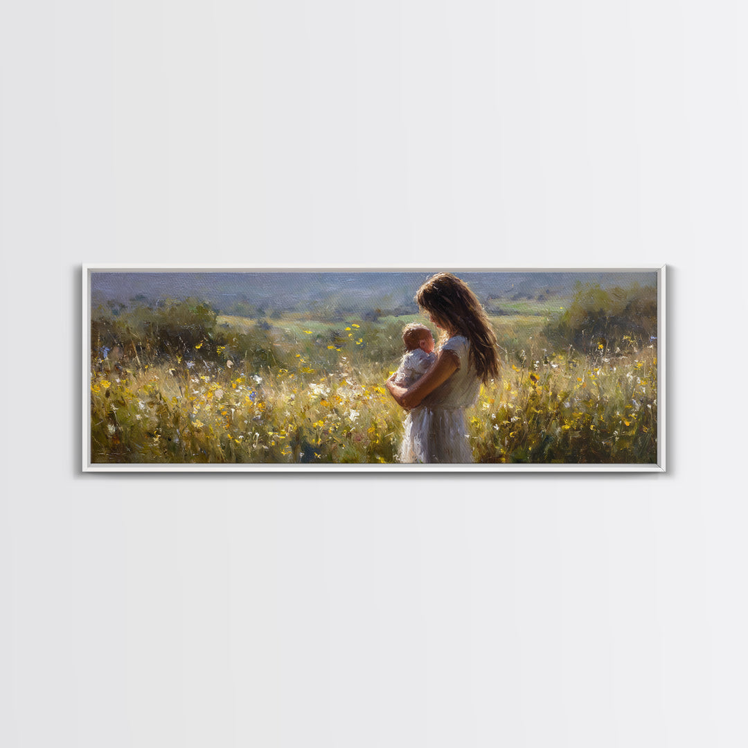 Mother And Baby In Sunlit Wildflower Meadow Wall Art, Impressionist Landscape, Nursery Decor, Gift For Mom, Above Bed Art