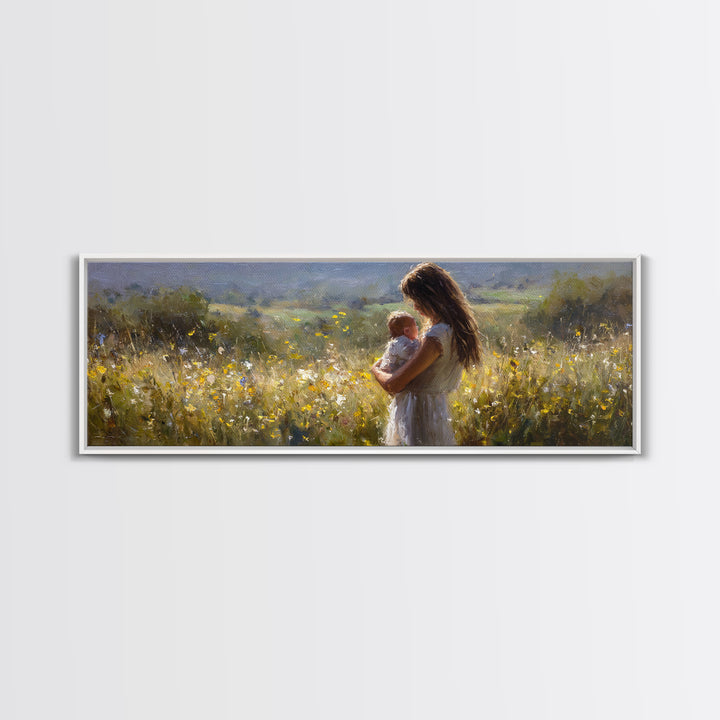 Mother And Baby In Sunlit Wildflower Meadow Wall Art, Impressionist Landscape, Nursery Decor, Gift For Mom, Above Bed Art
