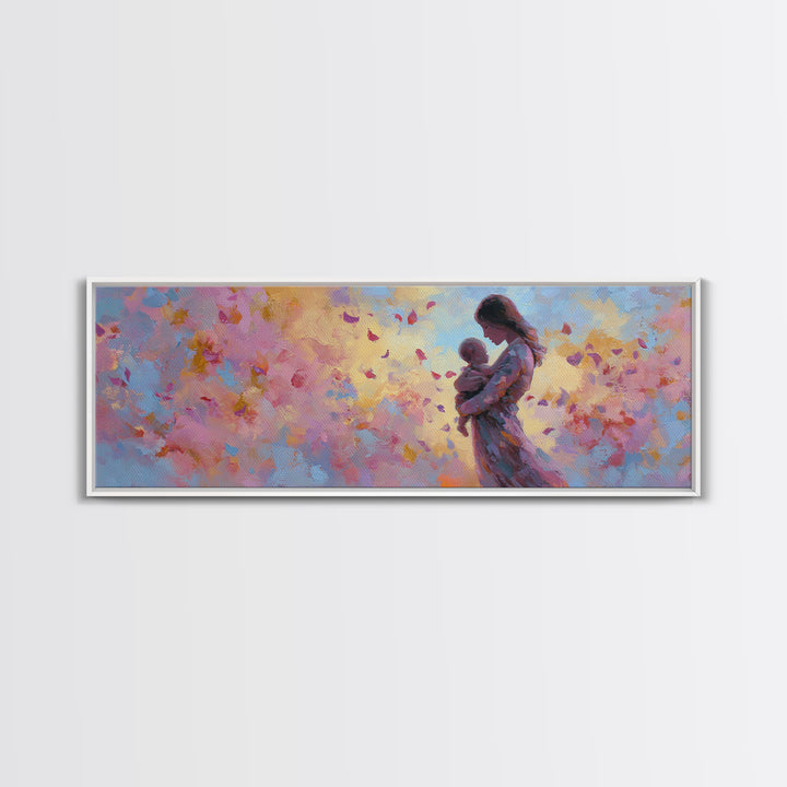Mother Holding Baby With Pastel Butterflies Canvas Print, Colorful Nursery Wall Art, Feminine Decor, Baby Shower Gift Idea