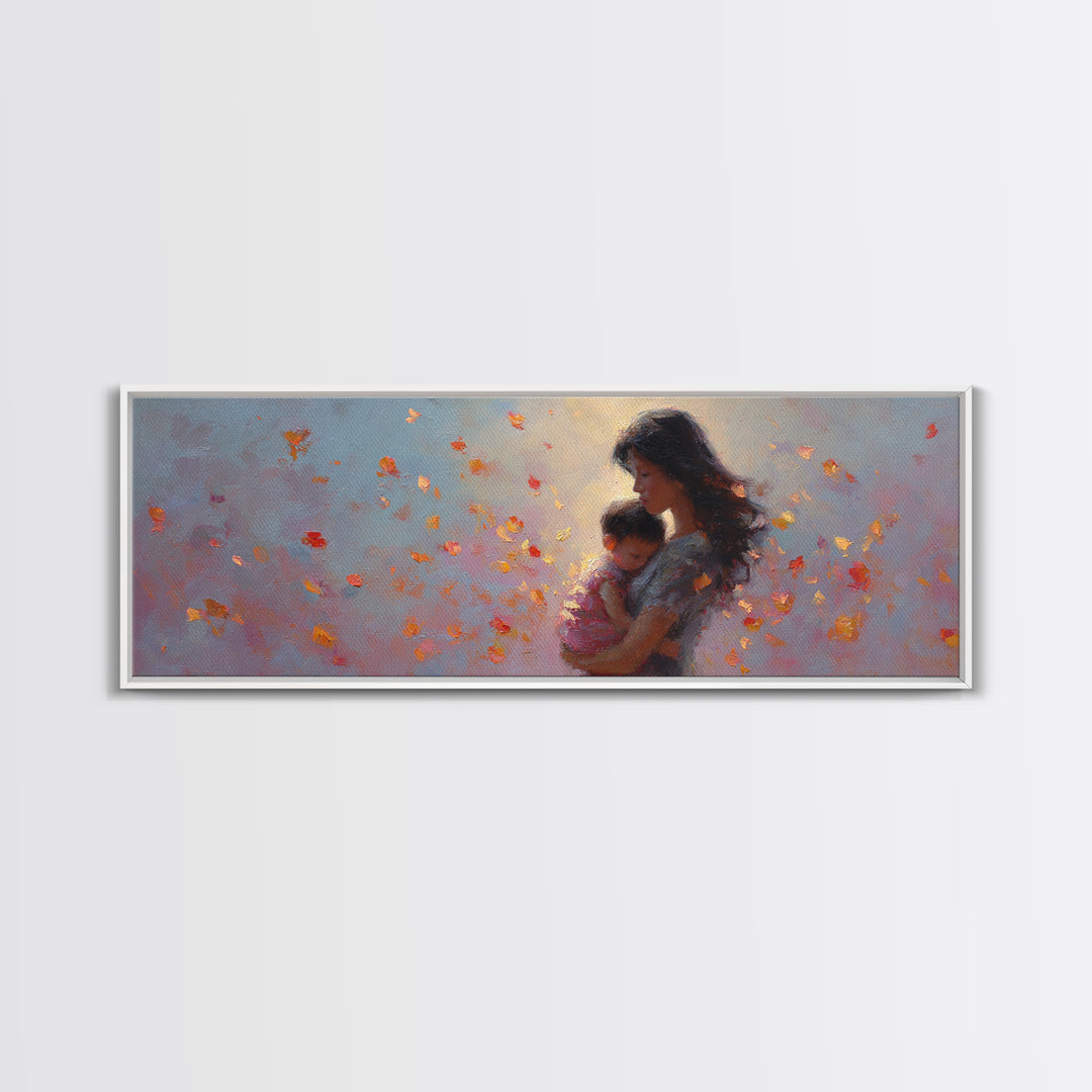 Mother And Child With Autumn Leaves Framed Canvas Print, Warm Nursery Wall Art, Feminine Home Decor, Gift For Mom And New Mom Gift