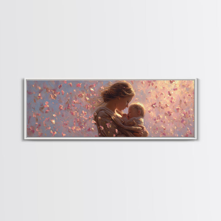 Mother And Baby In Pink Petal Light Canvas Print, Romantic Nursery Wall Art, Feminine Decor, New Mom Gift, Baby Shower Gift