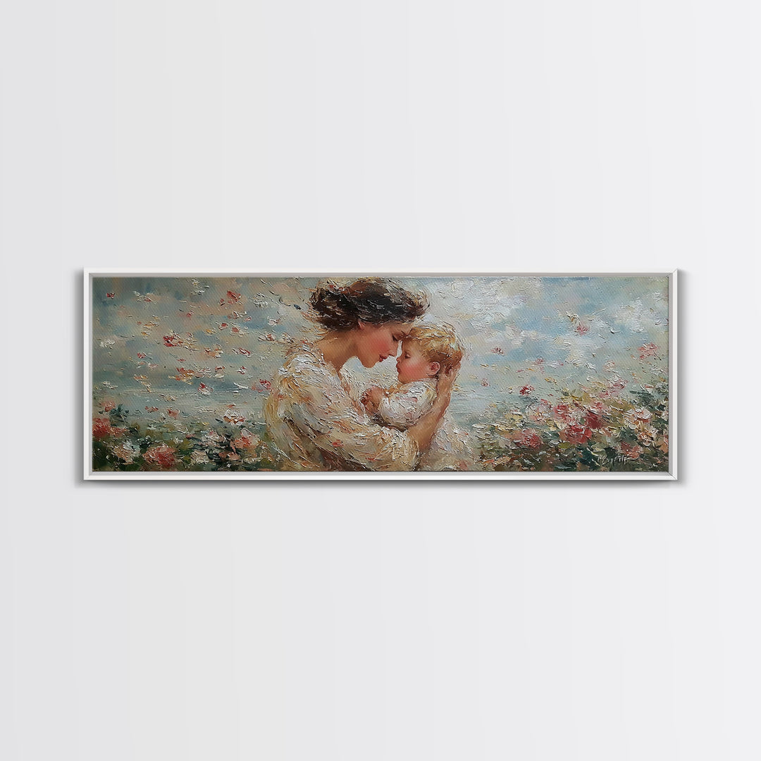 Mother Kissing Baby In Blue Wildflowers Framed Canvas Print, Textured Oil Painting Wall Art, Nursery Decor, New Mom Gift