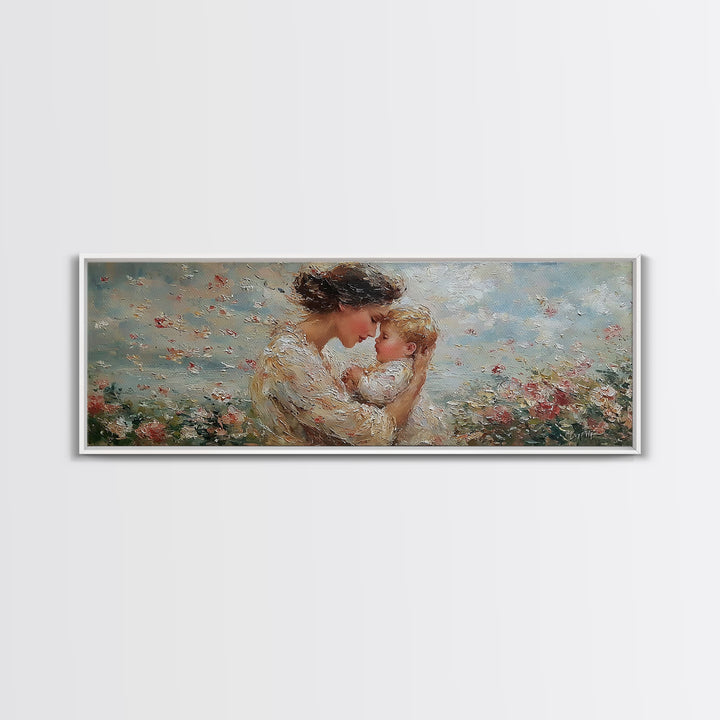 Mother Kissing Baby In Blue Wildflowers Framed Canvas Print, Textured Oil Painting Wall Art, Nursery Decor, New Mom Gift