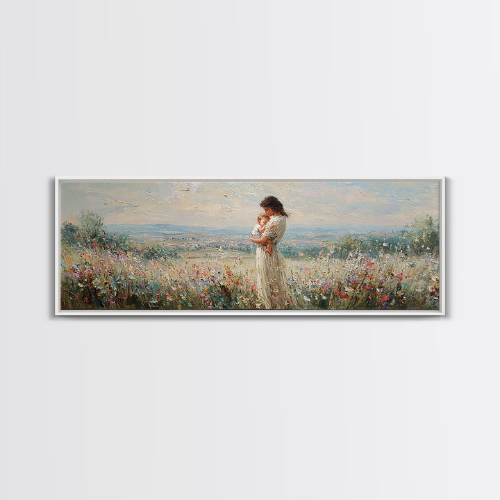 Mother Holding Baby In Hilltop Wildflower Meadow Wall Art, Panoramic Landscape Canvas Print, Nursery Decor, Gift For Mom