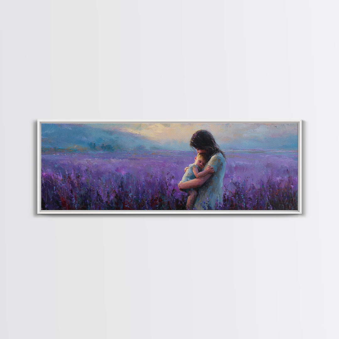 Mother And Baby In Lavender Field Canvas Print, Purple Landscape Wall Art, Calming Nursery Decor, Gift For Mom, New Baby Gift