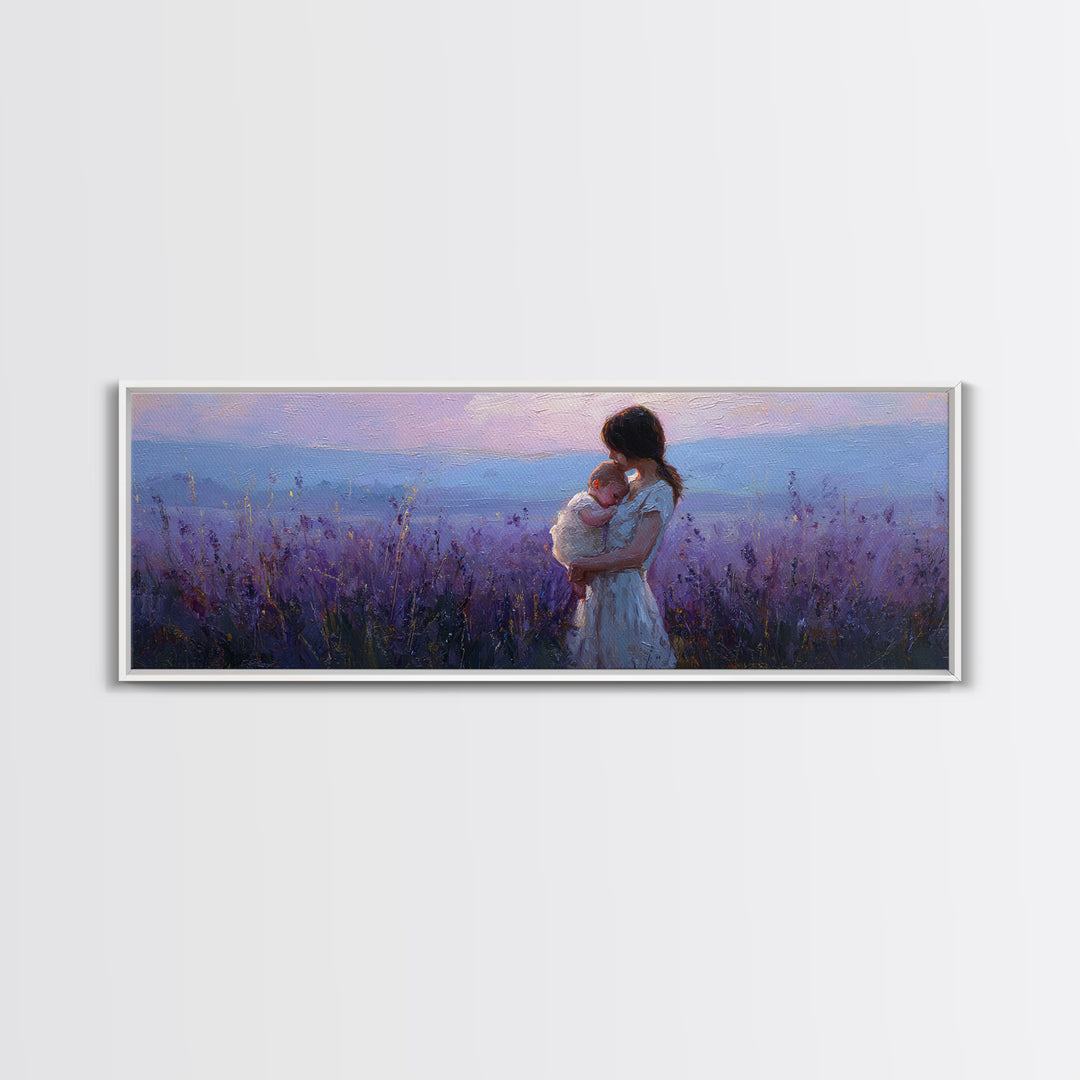 Mother Holding Baby At Lavender Sunset Wall Art, Moody Purple Landscape, Framed Canvas Print, Nursery Decor, Gift For Mom