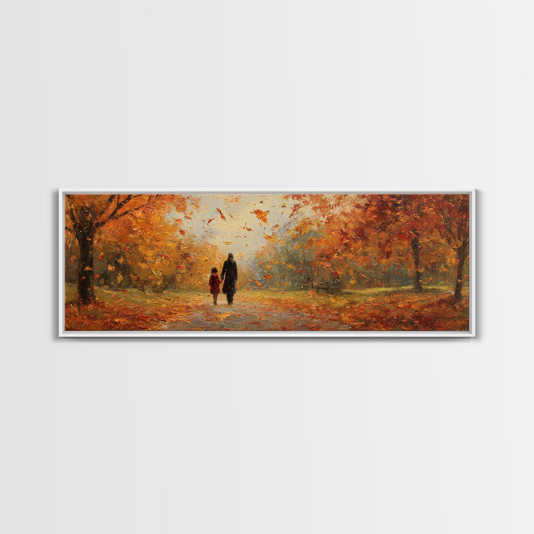 Parent And Child Strolling Golden Autumn Park Wall Art, Large Horizontal Canvas Print, Fall Landscape Decor, Housewarming Gift