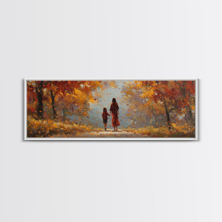 Mother And Daughter On Sunlit Autumn Path Wall Art, Warm Fall Landscape Canvas Print, Cozy Bedroom Decor, Gift For Her, Home Decor