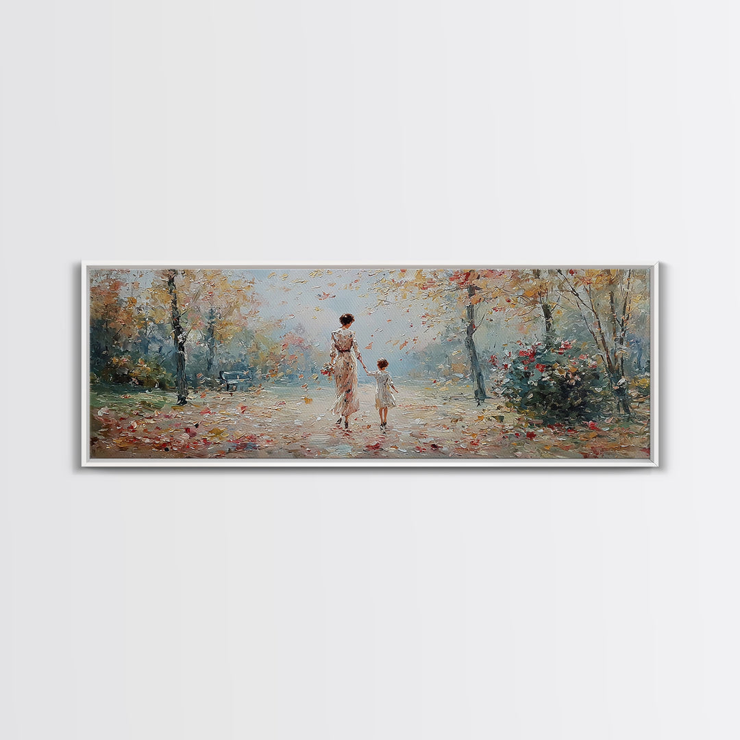 Mother And Child Walking In Soft Autumn Light Wall Art, Impressionist Canvas Print, Tranquil Landscape Decor, Gift For Mom
