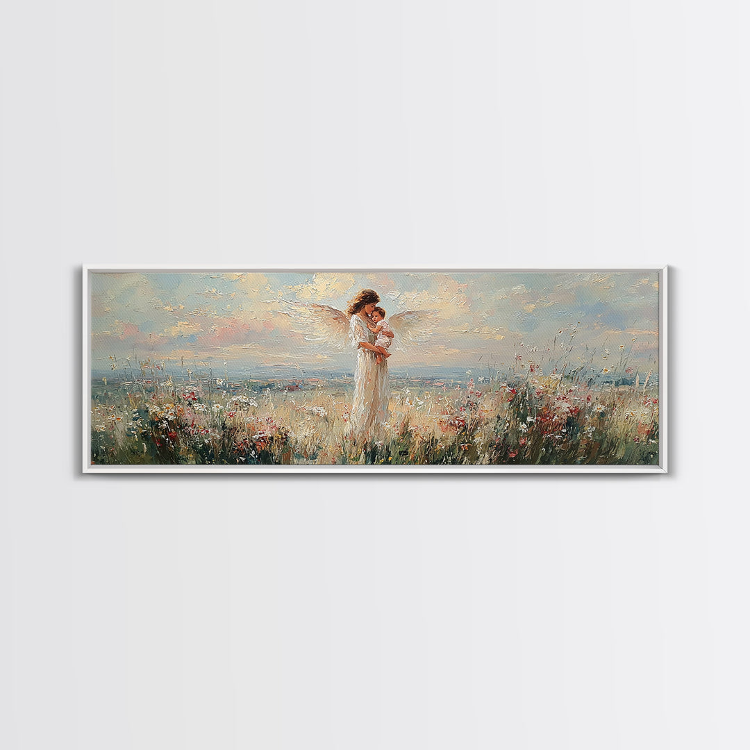 Mother Holding Baby In Blooming Meadow Wall Art, Panoramic Canvas Print, Floral Nursery Decor, Gift For Mom, Above Bed Art