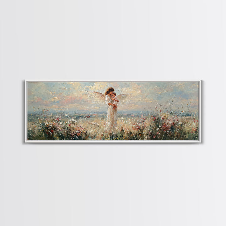 Mother Holding Baby In Blooming Meadow Wall Art, Panoramic Canvas Print, Floral Nursery Decor, Gift For Mom, Above Bed Art