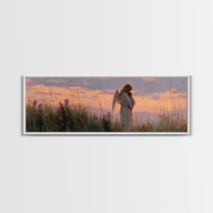 Guardian Angel Holding Child At Sunset Wall Art, Spiritual Framed Canvas Print, Christian Nursery Decor, Baby Gift, Home Decor