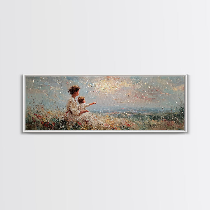 Mother And Child Pointing At Sunlit Sky Framed Canvas Print, Wildflower Meadow Landscape, Nursery Wall Art, Gift For Her