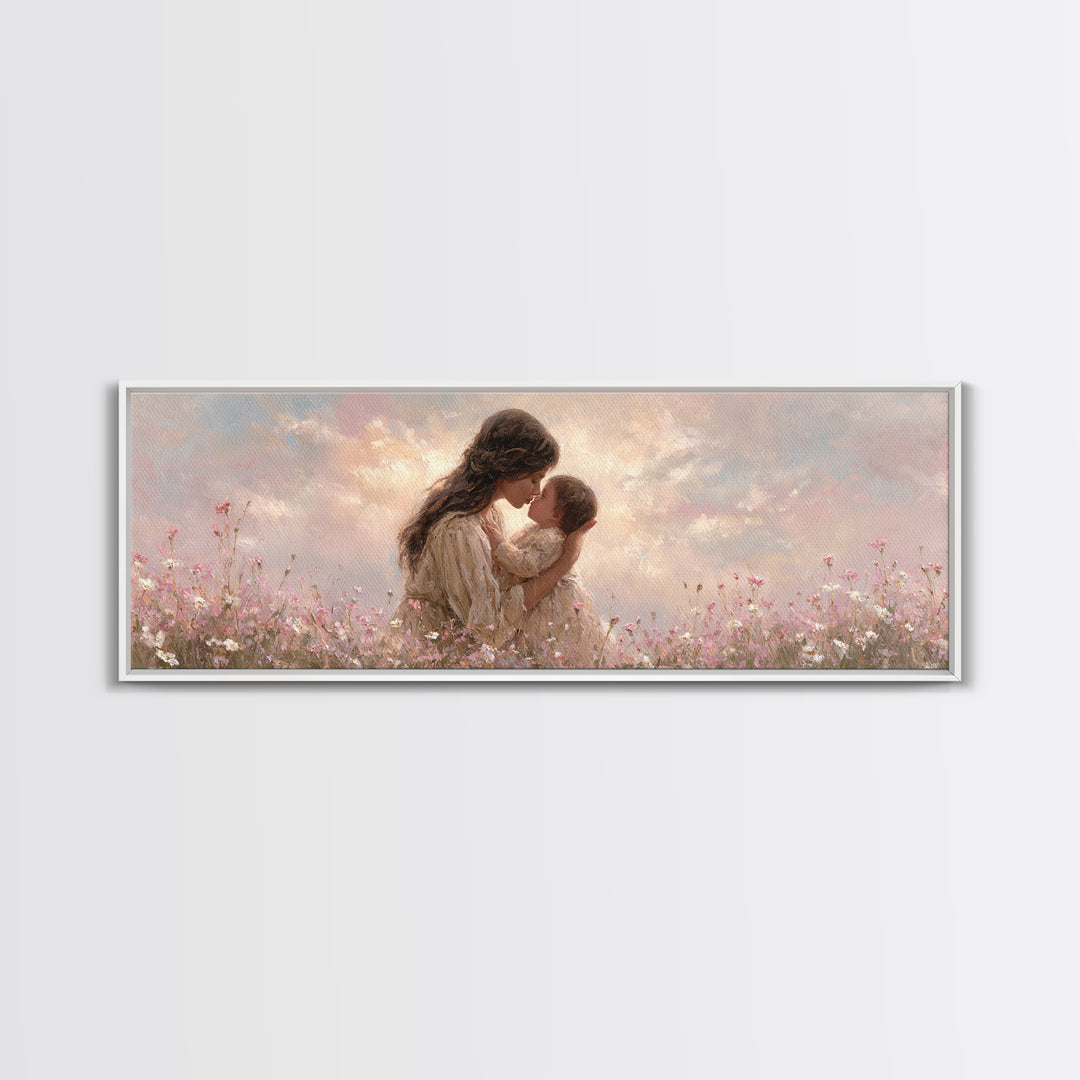 Tender Mother And Baby Kiss Canvas Print, Soft Pink Wildflower Meadow Painting, Nursery Wall Art, Feminine Home Decor, Gift For Mom