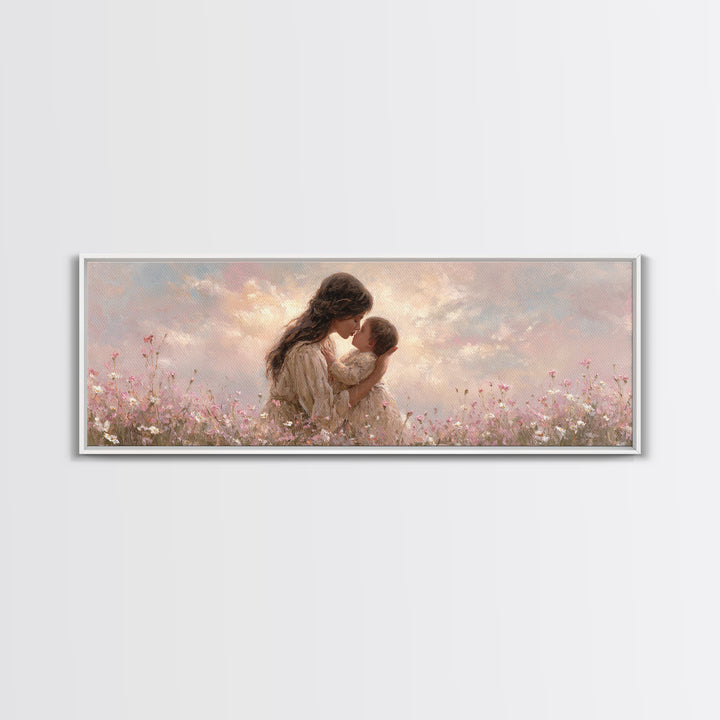Tender Mother And Baby Kiss Canvas Print, Soft Pink Wildflower Meadow Painting, Nursery Wall Art, Feminine Home Decor, Gift For Mom