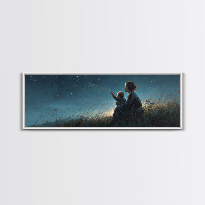 Mother And Child Stargazing Canvas Print, Blue Night Meadow Wall Art, Celestial Nursery Decor, Above Bed Art, Gift For Mom