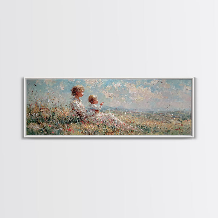 Mother And Child On Sunny Hill Framed Canvas Print, Impressionist Wildflower Landscape, Panoramic Wall Art, Nursery Decor