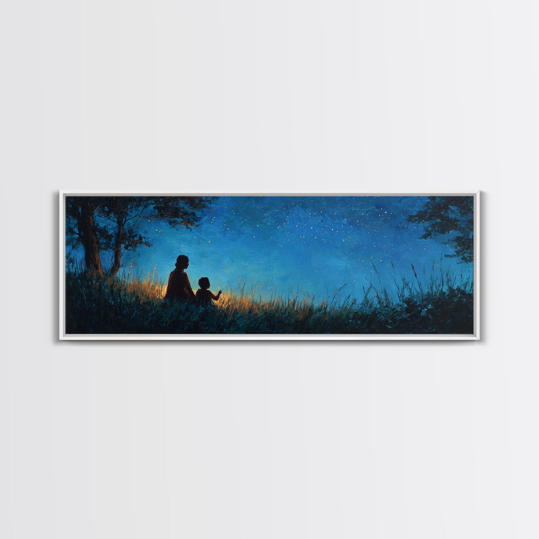 Silhouette Mother And Child Under Stars Wall Art, Moody Blue Night Landscape, Celestial Nursery Decor, Rustic Home Decor