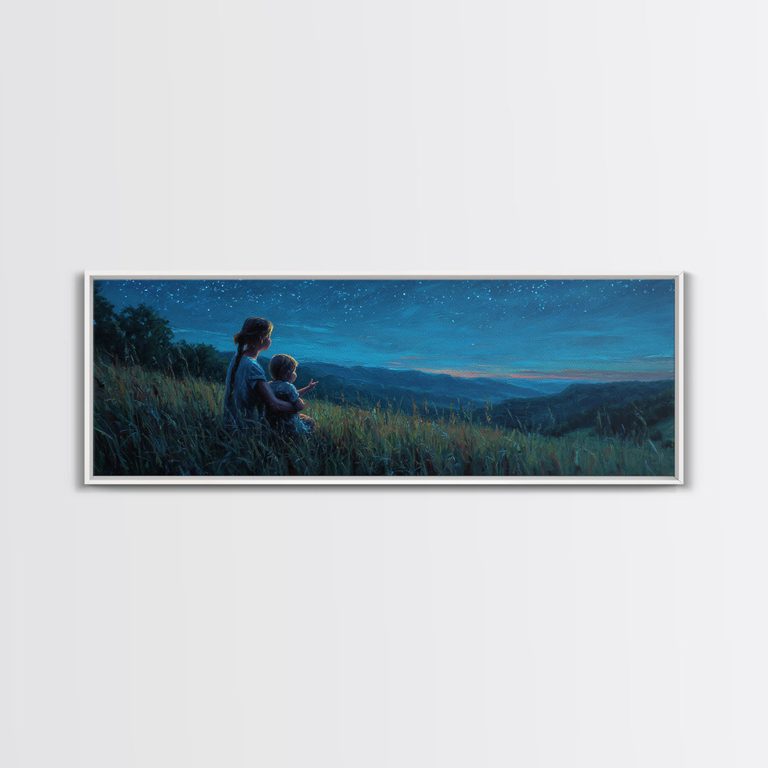 Mother And Child Over Moonlit Valley Canvas Print, Starry Blue Mountain Landscape Wall Art, Above Bed Decor, Gift For Her