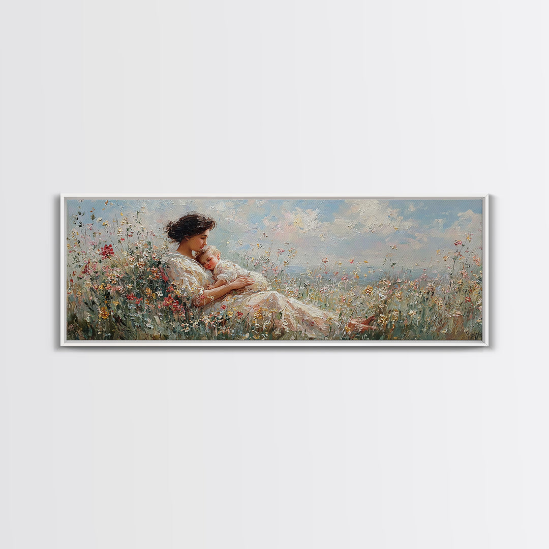Mother And Baby In Wildflower Meadow Wall Art, Impressionist Nursery Decor, Floral Canvas Art, Gift For Mom, Bedroom Decor