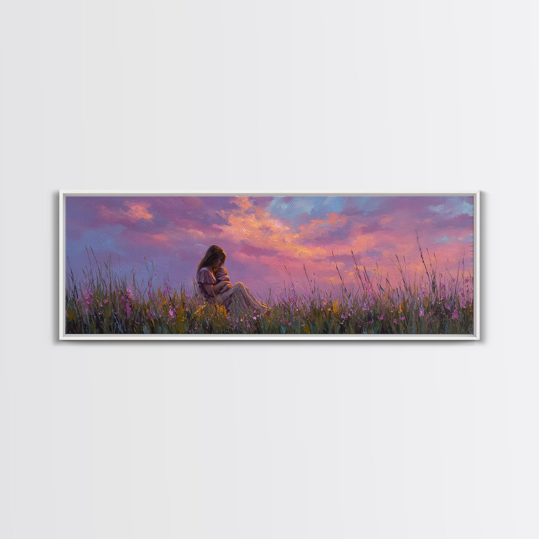 Expectant Mother In Twilight Wildflower Meadow Wall Art, Pink Sunset Canvas Print, Feminine Nursery Decor, Gift For New Mom