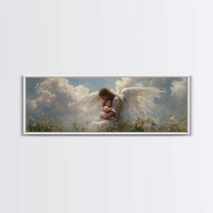 Angel Mother Cradling Baby In Cloudy Meadow Framed Canvas Print, Spiritual Nursery Wall Decor, Ethereal Art, Gift For Mom