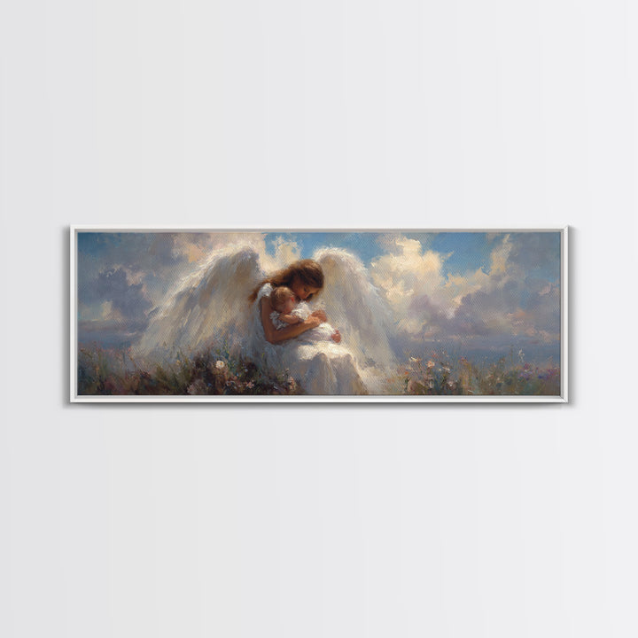 Guardian Angel Mother Kissing Baby In Wildflower Meadow Canvas Print, Spiritual Wall Art, Nursery Decor, Angel Gift For Mom